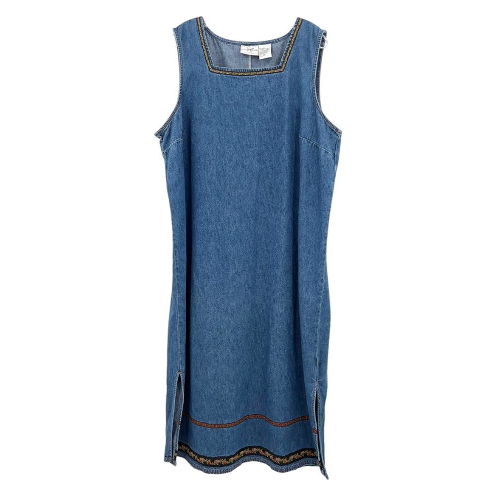 Maxi Length Denim Jumper Plus Size 16W Tyrolean Ribbon Trim By Studio Ease Y2K